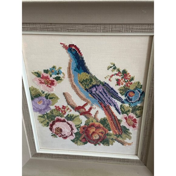 SOLD Antique T. Eaton Co. Pheasant Needlepoint Petit Point Framed Floral - Picture 5 of 8